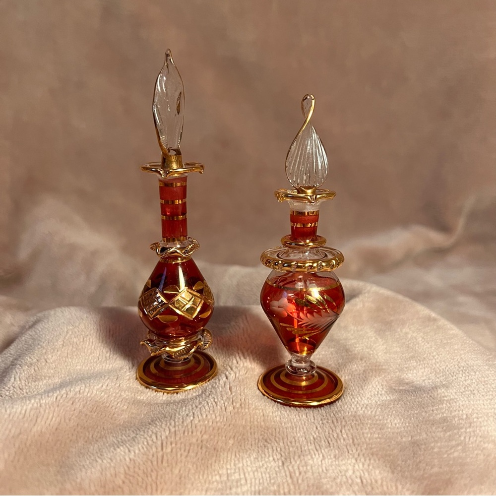 VINTAGE Egyptian Hand-Blown Red & Gold Small Glass Perfume Bottles with Dabbers